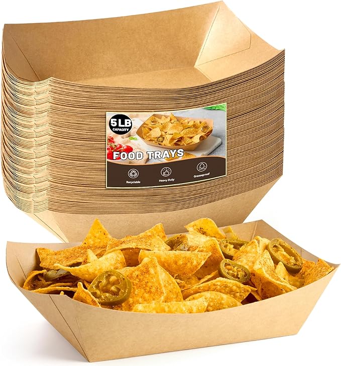 ZORRITA 5 LB Extra Large Paper Food Trays, 50 Pack Disposable Nacho Trays Kraft Paper Food Boats Party Serving Baskets for Sandwiches Burgers Popcorns Snacks