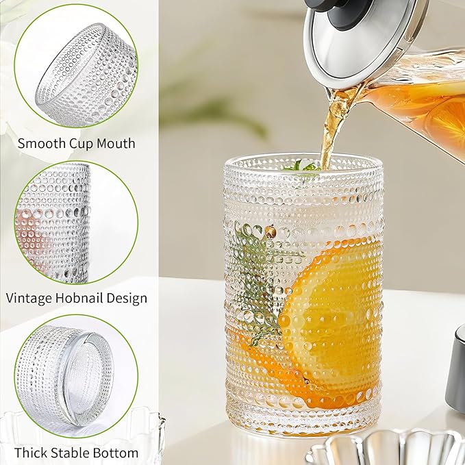 Hobnail Drinking Glasses Set of 4, 10oz Kitchen Water Glasses Cup & 12oz Vintage Cocktail Glasses Drinkware Set for Whisky, Juice, Wine, Milk