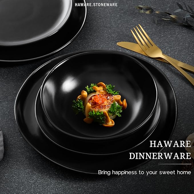 HaWare Plates and Bowls Set, Stoneware Dinnerware Sets, 16-Piece Hand-painted Dishware for 4, Ceramic Dish Set for Home Kitchen, Scratch Resistant, Microwave and Dishwasher Safe, Matte Black