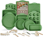 BAKKEN Kitchen Baking Pan Set - Nonstick Green Marble Coating, Carbon Steel Bakeware Sets with Green Silicone Handles, Kitchen Essentials, PFOA, PFOS, PTFE Free, Oven Safe (Up To 450° F), Set of 18