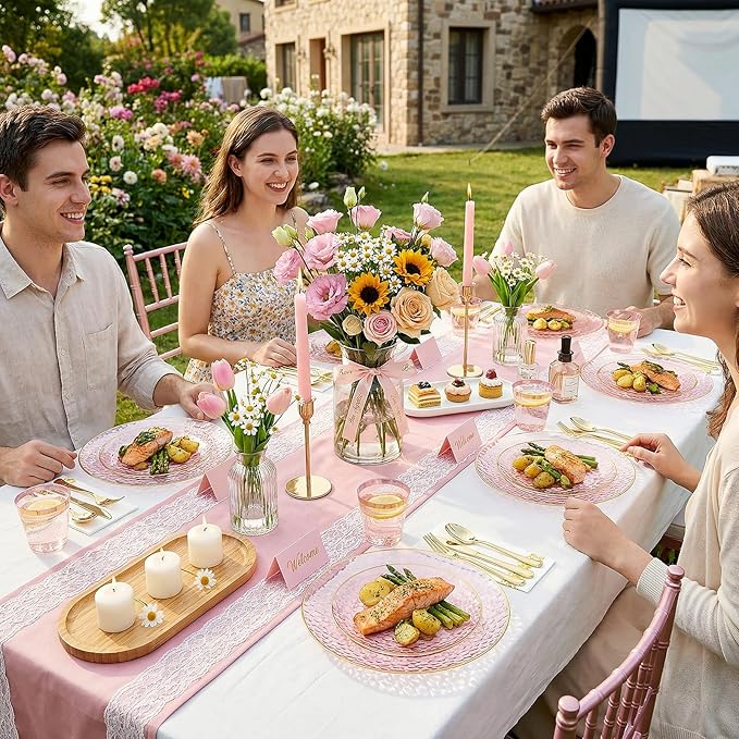 Rubtlamp 350 Pcs Clear Pink Plastic Plates, Pink Gold Plastic Dinnerware Set (50 Guests), Disposable Plates With Gold Rim, Hammered Party Plates Set for Wedding And Party