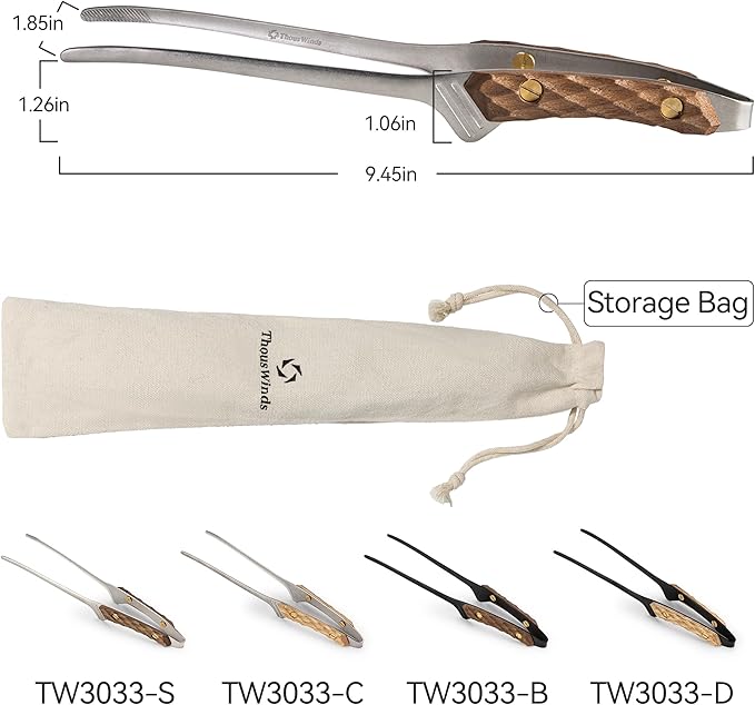 Thous Winds Stainless Steel Fine Tongs with Walnut Handle, 9 Inch Kitchen Tweezer Tongs for Cooking Camping Grilling BBQ Salad, Black