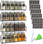 VITEVER Magnetic Spice Rack, 4 Pack, 24 Square Glass Jars with Lids, Quick-Find Pre-Printed Labels, Funnel, Space Saver, Refrigerator and Microwave Oven Organizer