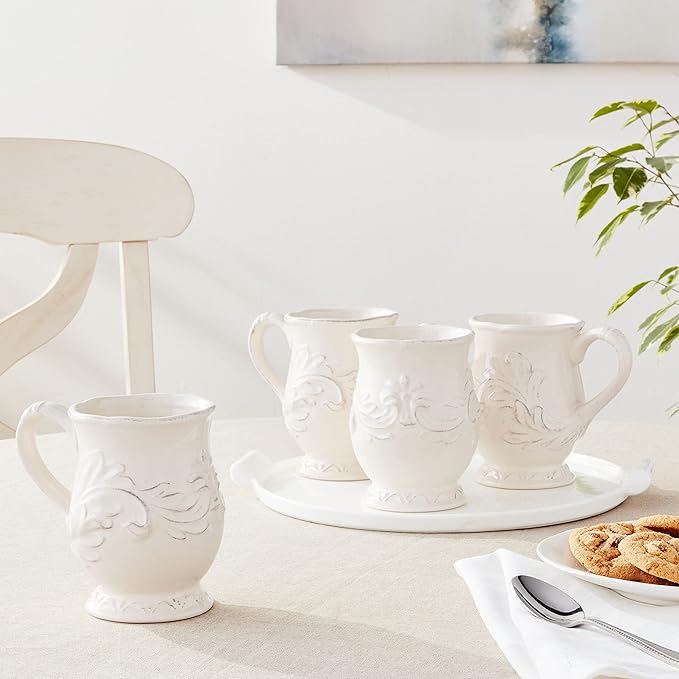 Firenze Ivory 16 oz Pedestal Ceramic Mugs, Set of 4 – Vintage-Inspired Embossed Drinkware with Easy Grip Handle – Elegant White Coffee and Tea Cups for Everyday or Entertaining