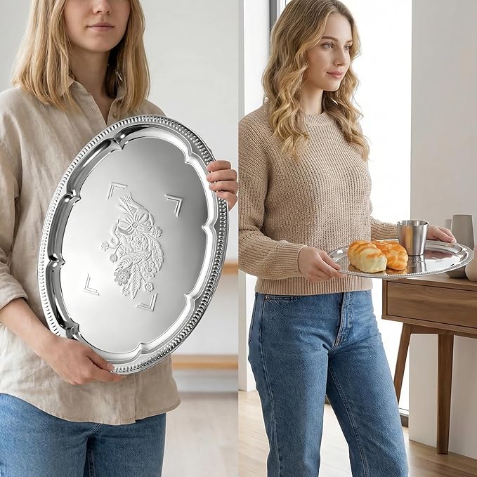 6 Pcs Large Silver Serving Trays, 15.7" x 11.8" Stainless Steel Oval Serving Tray, Decorative Silver Plates, Oval Floral Engraved Tray, Metal Sizzler Plates for Coffee Table, Bar, Party, Club, Home