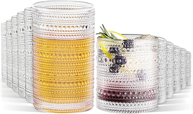 Hobnail Drinking Glasses Set of 12, 12 oz Highball Glassware & 10 oz Cocktail Glasses, Vintage Embossed Beaded Glass Cups for Kitchen,Beer,Soda, Whiskey,and Beverages,Dishwasher Safe