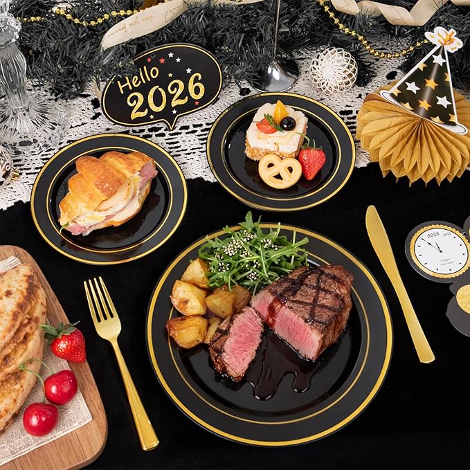WDF Partyware 175PCS Black and Gold Plates - Black Disposable Plates for Party - 25Guests Disposable Dinnerware Set for Graduation Wedding Party Birthday