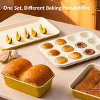 CAROTE 6-Piece Nonstick Ceramic Baking Pans Set - Bakeware Sets Including Cookie Sheets for Baking, Muffin Pan, Bread Pan, Cake pan, Loaf Pan, Cooling Rack, Mustard Yellow & Cream White