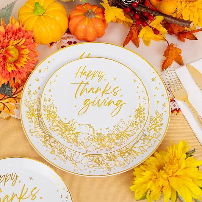 Hioasis 175pcs Thanksgiving Plastic Plates - Elegant Disposable Dinnerware Set Suitable for 25 Guests Include 10.25" Dinner & 7.5" Dessert Plates, Knives,Forks,Spoons, Cups,Napkins for Thanksgiving