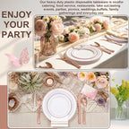 GATHER 350PCS Rose Gold Plastic Plates - Disposable Rose Gold Dinnerware Sets Includes 100 Gold Rimmed Plastic Plates, 150 Silverware, 50 Napkins, 50 Cups for Party, Wedding, Mother's Day