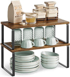 SONGMICS Cabinet Organizer Shelf, Set of 2 Kitchen Counter Shelves, Kitchen Storage, Spice Rack, Stackable, Expandable, Metal and Engineered Wood, Ink Black and Rustic Brown UKCS200X01