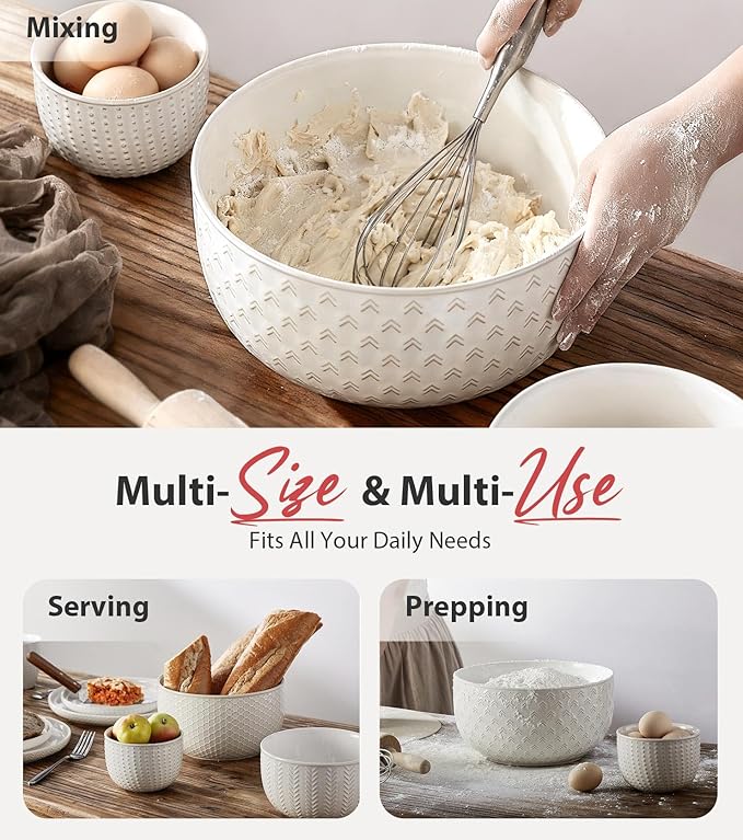 Lareina Ceramic Large Mixing Bowls Set of 4, Nesting Bowls for Cooking, Baking, Salad Etc, Serving Bowls, Mother's Day & Housewarming Gift, Microwave/Dishwasher Safe - 20/44/98/145 OZ, Ivory White