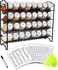SWOMMOLY Spice Rack Organizer with 32 Empty Square Glass Spice Jars, 386 White Spice Labels with Chalk Marker and Funnel Complete Set, Seasoning Organizer for Countertop, Cabinet or Wall Mount