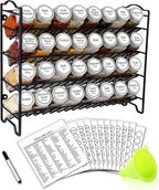 SWOMMOLY Spice Rack Organizer with 32 Empty Square Glass Spice Jars, 386 White Spice Labels with Chalk Marker and Funnel Complete Set, Seasoning Organizer for Countertop, Cabinet or Wall Mount