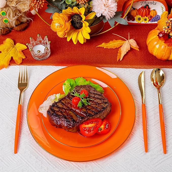 DaYammi 150Pcs Orange Plastic Plates & Gold Cutlery with Orange Handle,orange Disposable Plates with Gold Rim Set Include 30 Dinner Plate,30 Dessert Plate,30 Knive,30 Forks,30 Spoons for Party Wedding