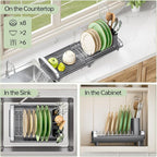 TOOLF Small Dish Drying Rack, Mini Expandable Compact Dish Rack, Slim Extendable Stainless Steel Dish Drainer for Kitchen Plate Storage, Space Saving Dish Strainer in Sink or on Home Countertop, Gray