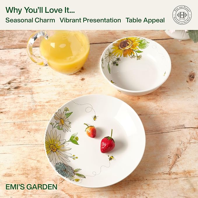 Fitz and Floyd Emi's Garden Floral Set of 2 Serving Bowls, 10.5 Inch, 8.5 Inch