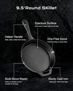 Cast Iron Skillets, 9.5 Inch Frying Pan with Teardrop Handle, Oven Safe, Durable Camping Cookware for Stove & Grill Use, Indoor/Outdoor