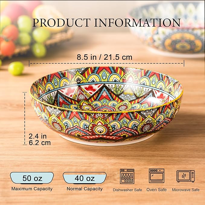 Henten Home Ceramic Pasta Bowls, 50 oz Soup Bowl Set of 2, Colorful Large Salad Bowls, Bohemia Style Serving Bowls Set for Noodles, Microwave & Dishwasher Safe (Set A)
