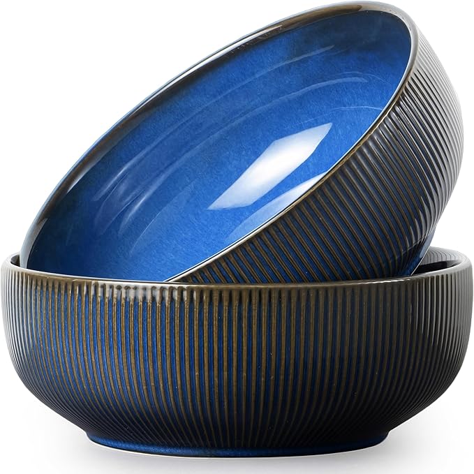 getstar Large Serving Bowls (9.5 inch & 92 fl oz), Ceramic Salad Bowl Set of 2, Microwave and Dishwasher Safe (Embossed Stripes, Vintage Blue)