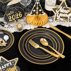 WDF Partyware 175PCS Black and Gold Plates - Black Disposable Plates for Party - 25Guests Disposable Dinnerware Set for Graduation Wedding Party Birthday