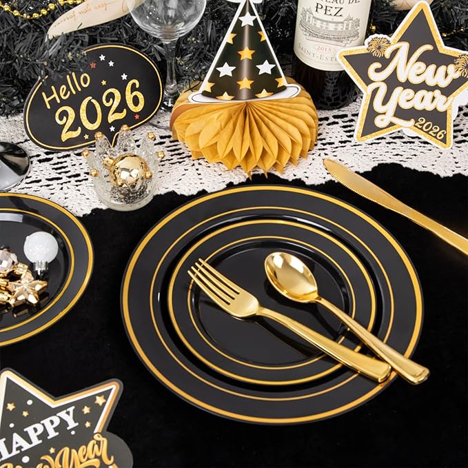 WDF Partyware 175PCS Black and Gold Plates - Black Disposable Plates for Party - 25Guests Disposable Dinnerware Set for Graduation Wedding Party Birthday