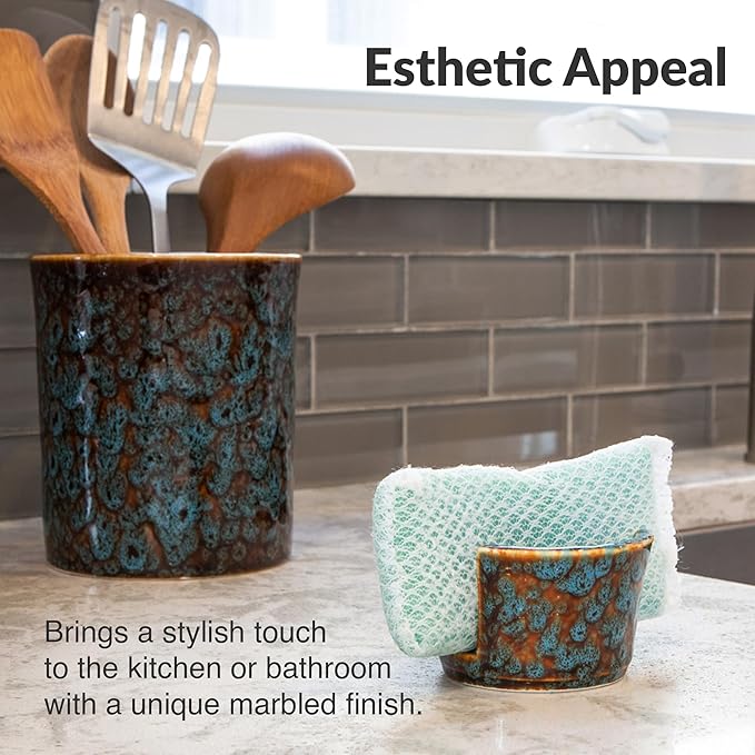 Elevated Lifestyle Ceramic Sponge Holder – Sink Caddy Organizer, Decorative Bathroom and Kitchen Sink Accessories, Allows Sponge to Dry, Ideal Countertop Sponge & Bar Soap Holder - (Marbled Turquoise)