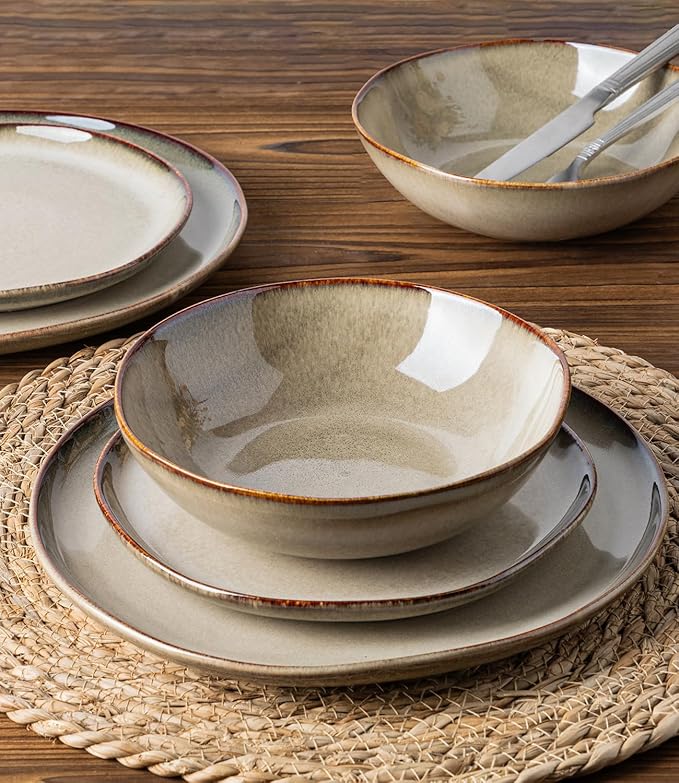 GBHOME Stoneware Dinnerware Sets for 4, 12 Pieces Rustic Ceramic Plates and Bowls Set, Handmade Reactive Glaze Plate Sets, Highly Chip Resistant Dishes, Microwave & Dishwasher Safe, Driftwood Taupe