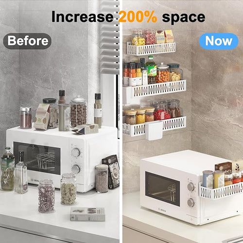 4 Pack Large Magnetic Spice Rack for Refrigerator, Spice Rack Organizer, Moveable Magnetic Shelf Fridge Organizer with 4 Hooks for Kitchen and Oven Organization, White
