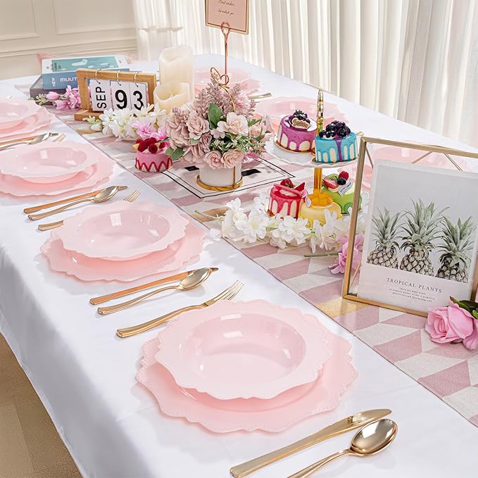 COLOSUS Pink Plastic Party Bowls (60 Pack) 12 Oz Disposable Soup/Salad Bowl, Fancy Shatterproof Dinnerware for Easter, Catering, Holidays, Weddings, and Everyday Use,Easter Day