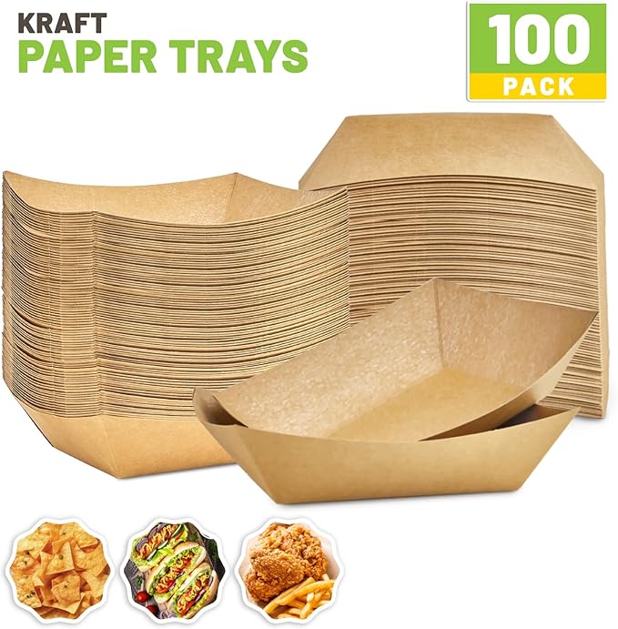 ZORRITA 3 Lb Paper Food Trays - 100 Pack Disposable Nacho Trays, Kraft Paper Food Boats Taco Holders Party Serving Baskets for Hot Dogs Snacks Tacos Fries