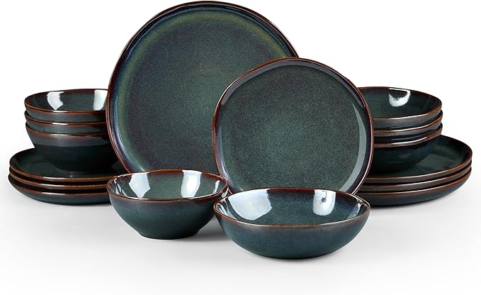 HaWare Plates and Bowls Set, Stoneware Dinnerware Sets, 16-Piece Hand-painted Dishware for 4, Ceramic Dish Set for Home Kitchen, Scratch Resistant, Microwave and Dishwasher Safe, Reactive Moss Green