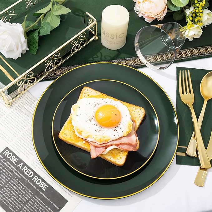 NOCCUR 350PCS Green Plastic Plates - Disposable Green Gold Dinnerware Set for 50 Guests, 100 Dinner/Dessert Plates, 150 Gold Silverware, 50 Cups&50 Napkins for Party ＆ Wedding ＆ Spring