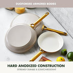 GreenPan Hard Anodized Healthy Ceramic Nonstick 8" 10" and 12" 3 Piece Frying Pan Skillet Set, Gold Handle, PFAS-Free, Dishwasher Safe, Oven Safe, Taupe