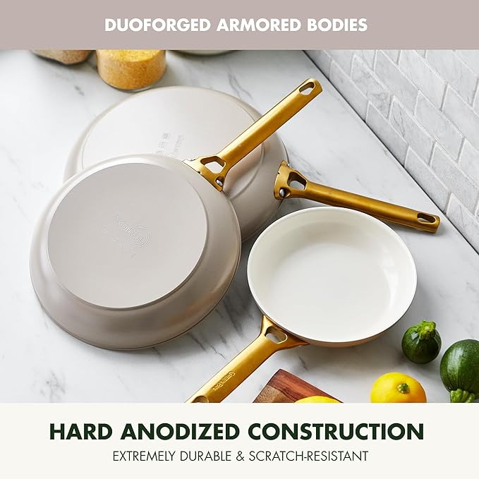 GreenPan Hard Anodized Healthy Ceramic Nonstick 8" 10" and 12" 3 Piece Frying Pan Skillet Set, Gold Handle, PFAS-Free, Dishwasher Safe, Oven Safe, Taupe
