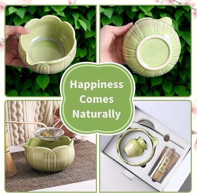 Matcha Whisk Set, Ceramic Matcha Set 8 Pcs, Matcha Kit Set Includes Matcha Bowl, Matcha Whisk and Holder, Bamboo Scoop and Rest, Sifter and Tea Towel, Ideal Gift for Family/Friend (Green)