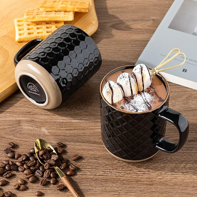 GBhome Large Coffee Mugs Set of 4, 16oz Handmade Stoneware Coffee Mugs Set with Large Handle for Cappuccino/Latte/Tea/Hot Cocoa, Dishwasher & Microwave Safe, Black
