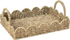 BISS Scalloped Rattan Serving Tray with Removable Floral Transparent Board – Natural Rattan Decorative Wicker Tray with Foldable Handles & Scalloped Edge – Wicker Woven Tray for Coffee Table, Dining