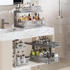 2 Pack 21IN-Depth Under Sink Organizer With Next-Gen Ball-Bearing Slides,2-Tier Precision Mesh Pull Out Cabinet Storage for Bathroom&Kitchen,Height Adjustable Drawers Shelf,Anti-rust-Grey