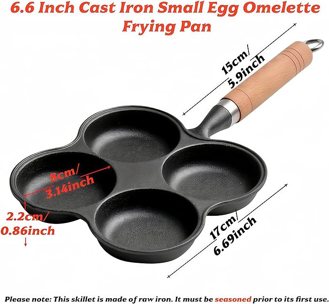 Cast Iron 4-Cup Egg Pan, Small Omelette Pan with Turner & Oil Brush, Breakfast Pan for Eggs Pancakes Sandwiches Burgers, Suitable for Gas Stove & Induction, Naturally Nonstick with Seasoning, 6.6inch