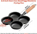 Cast Iron 4-Cup Egg Pan, Small Omelette Pan with Turner & Oil Brush, Breakfast Pan for Eggs Pancakes Sandwiches Burgers, Suitable for Gas Stove & Induction, Naturally Nonstick with Seasoning, 6.6inch