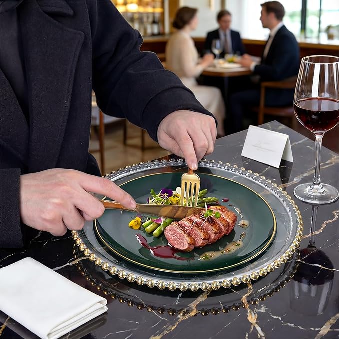KIRE 350PCS Green Plates Disposable - Heavy Duty Green and Gold Plates - 50Guest Include Green Plastic Dinnerware - Pro Rolled Napkins with Gold Silverware and Cups for St. Patrick's Day&Party