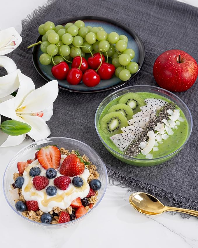 bUCLA 50 Pack Clear Plastic Serving Bowls - 24oz Disposable Salads, Cereal, Fruit, Dessert & Soup Bowls for Wedding & Party