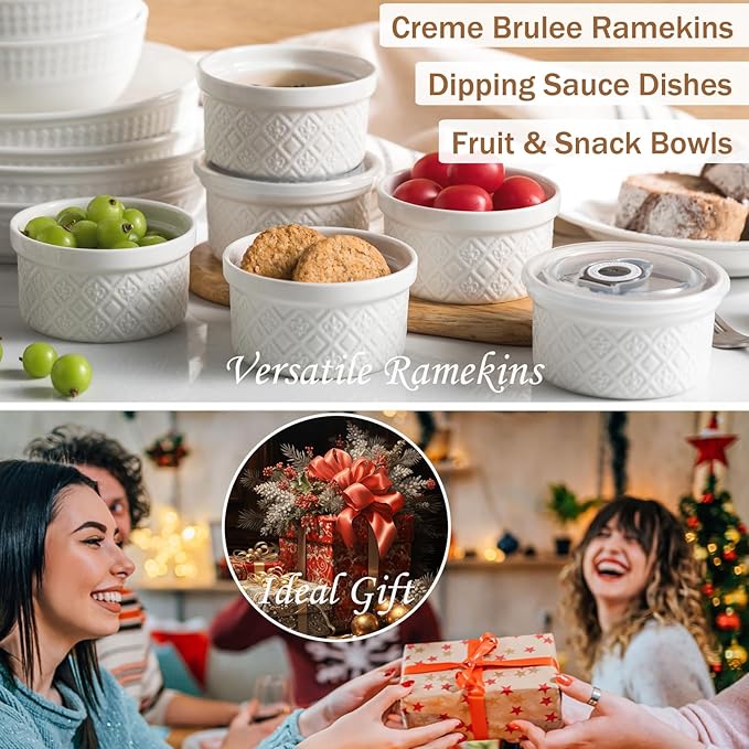 9 oz Ramekins with Lids, Creme Brulee Ramekins Oven Safe, Small Ceramic Serving Bowls, White Custard Cups for Baking, Dipping Sauce Cups, Pinch Bowls Ideal for Birthday Party, Set of 4