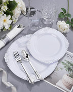 Nervure 175PCS Silver Plastic Plates - White and Silver Disposable Plates for 25 Guests Include 50Plates, 25Cups, 25Forks, 25Knives, 25Spoons, 25Napkins for Wedding & Party