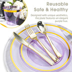 N9R 600PCS Disposable Plastic Plates, Purple Plastic Dinnerware Set Includes 100 Dinner Plates, Dessert Plate, Cups, Spoons, Forks, Knives for 100 Guests, Perfect for Party, Wedding, Birthday