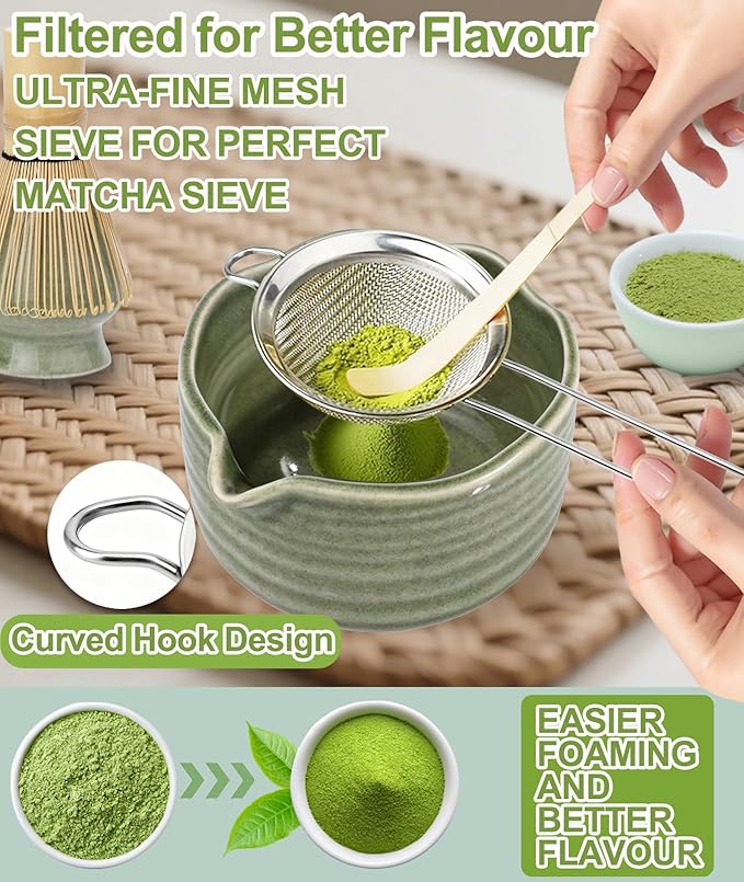 JBER Matcha Whisk Set, Ceramic Matcha Set Includes Matcha Bowl, Matcha Whisk (Chasen) and Holder, Sifter, Bamboo Scoop, Spoon & Rest - 7 Pcs Matcha Kit Set for Matcha Lovers Ceremony, Mottled Green