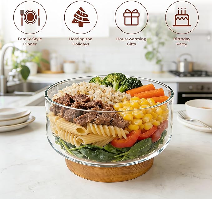 Prikoi 155oz Large Trifle Bowl with Wood Stand, Clear Glass for Displaying Layered Dessert, Salads, Fruit, Modern Design Food Storage Container, Elegant for Party, Holiday, Housewarming Gift