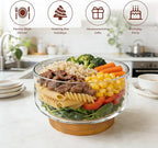 Prikoi 155oz Large Trifle Bowl with Wood Stand, Clear Glass for Displaying Layered Dessert, Salads, Fruit, Modern Design Food Storage Container, Elegant for Party, Holiday, Housewarming Gift