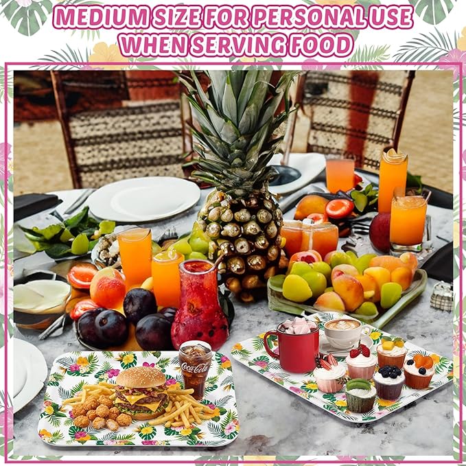 Vesici 3 Pcs Hawaiian Luau Serving Trays 13 x 10 Inch Aloha Tropical Palm Leaf Hibiscus Floral Melamine Platters Reusable Rectangular Serving Dishes for Summer Beach Party Sharing Snacks Fruit Dessert